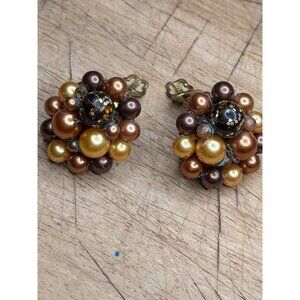 Vintage Japan Clip-On Earrings Gold/Bronze Beads Cluster Design Unique Handmade
